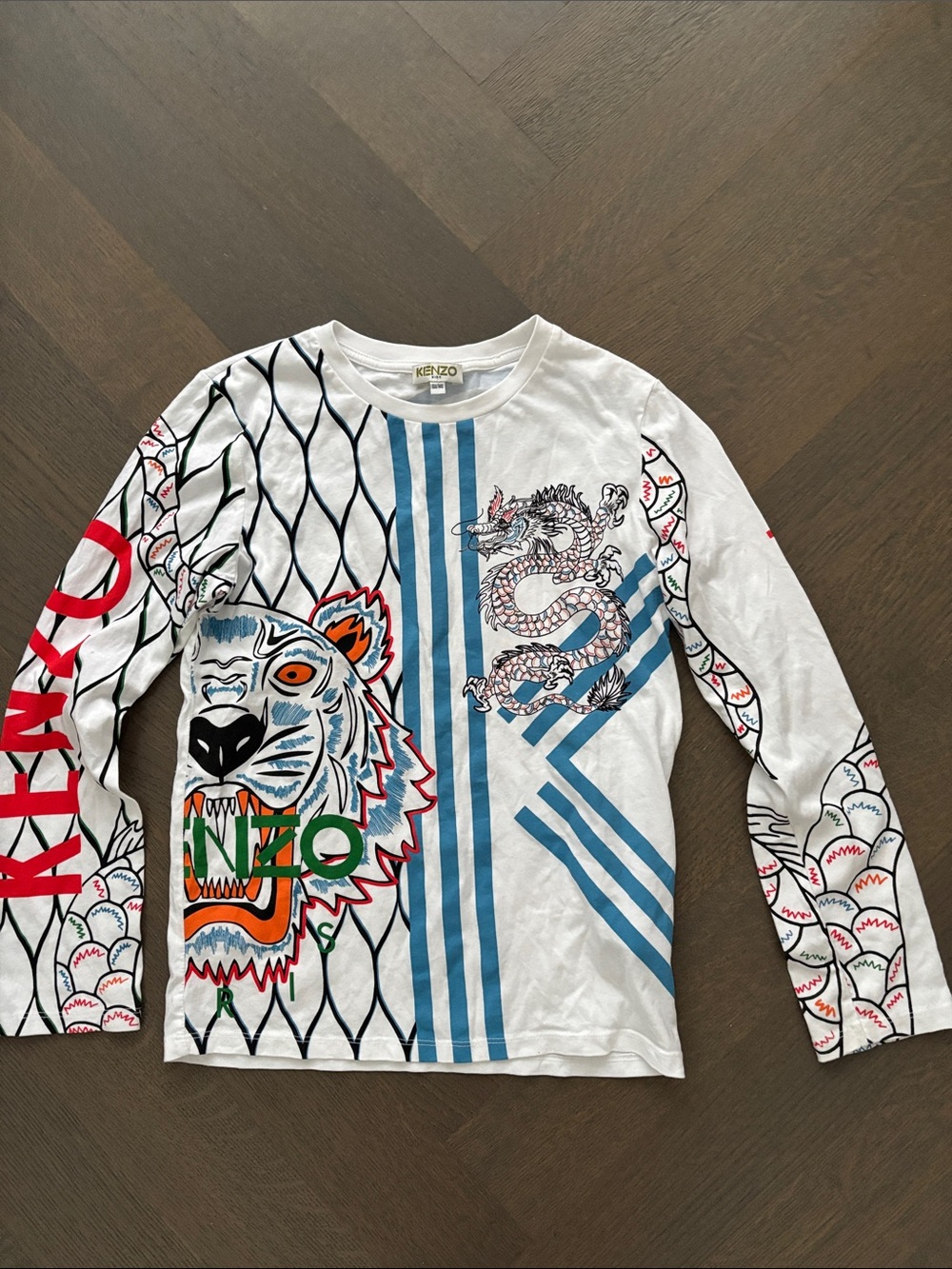 Kenzo kids White Long Sleeve Tee with Multicolor Tiger & Dragon Graphics